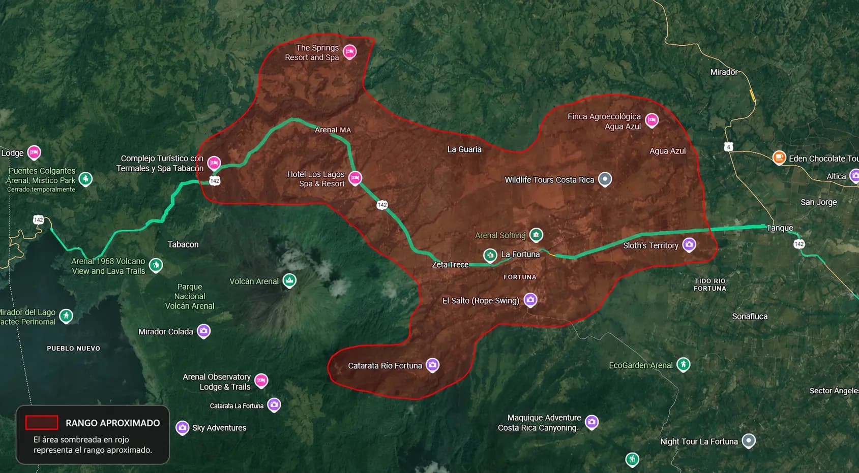 Free pickup range map for Arenal Forest Night Hike in the La Fortuna area